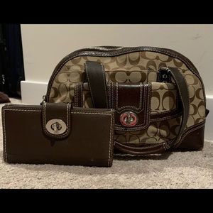 Coach Hampton signature jacquard brown leather satchel